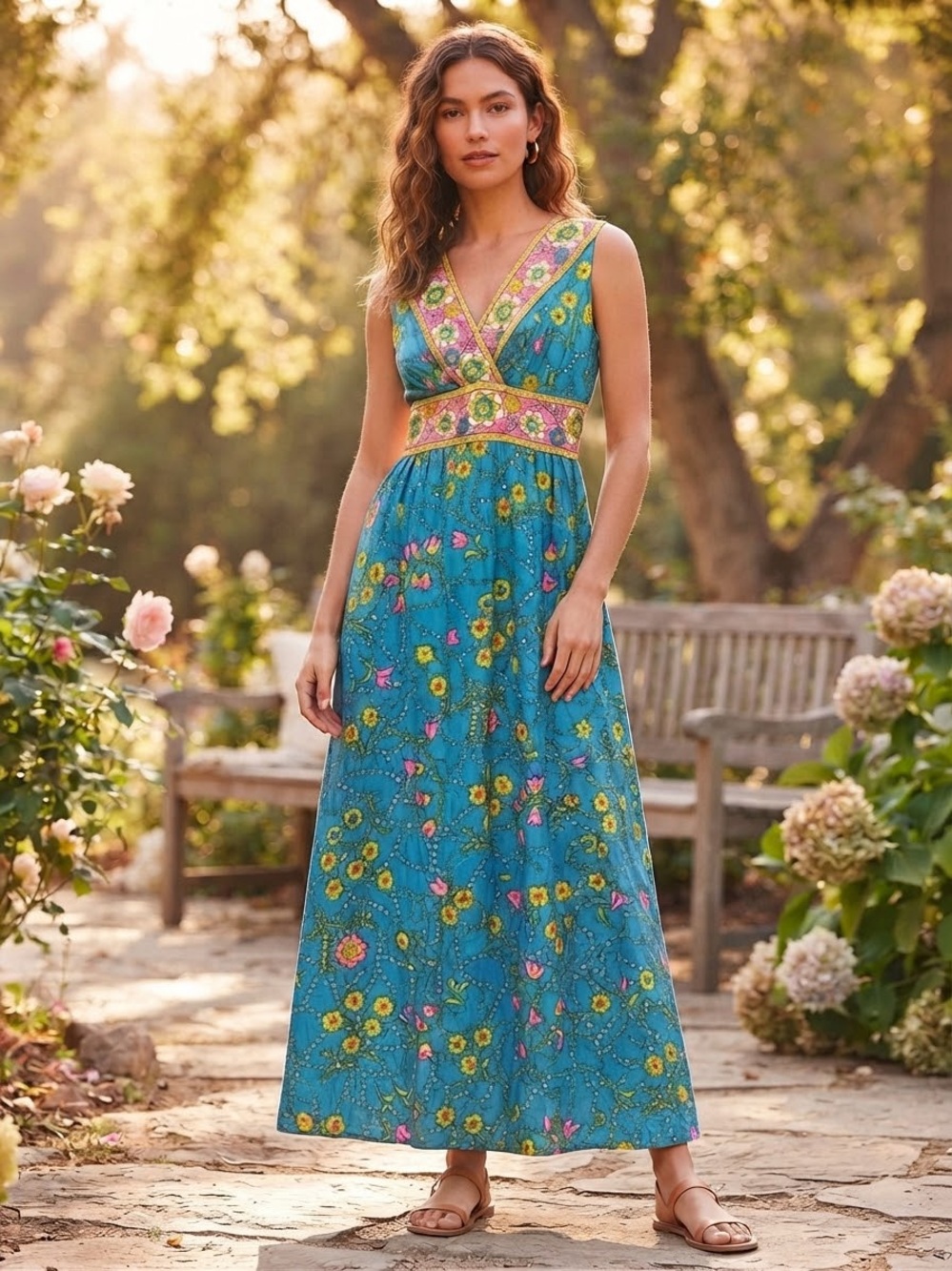 VINTAGE 70s Sleeveless Floral Maxi Dress